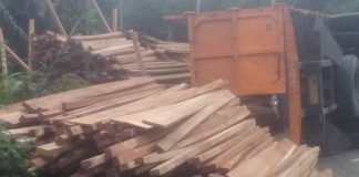 Truck Pengangkut Kayu Olahan Terbalik di Tanjakan Peropelat