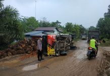 Mobil Dump Truck Pengangkut TBS Teguling di Jalan Raya Sidas-Simpang Tiga Desa Mamek