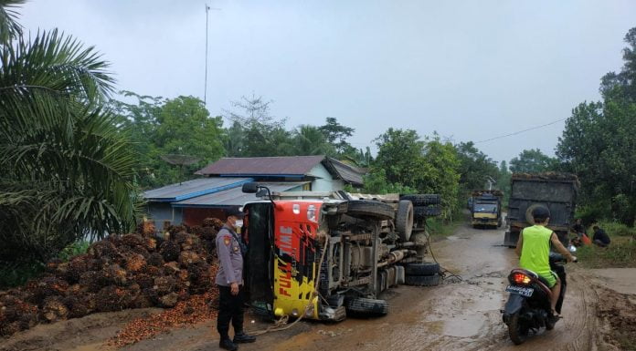 Mobil Dump Truck Pengangkut TBS Teguling di Jalan Raya Sidas-Simpang Tiga Desa Mamek