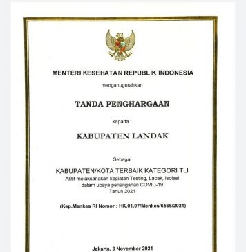 Kabupaten Landak Raih TLI Terbaik Dalam Pencegahan dan Penanganan COVID-19