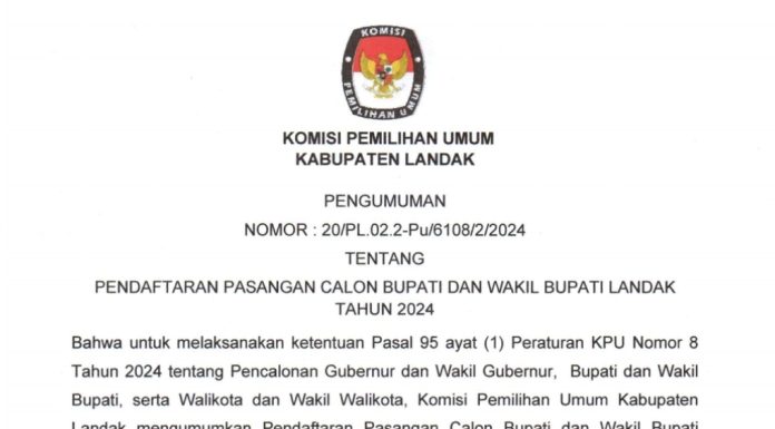 PENGUMUMAN SYARAT PENDAFTARAN CALON BUPATI DAN WAKIL BUPATI LANDAK TAHUN 2024