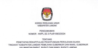 Hasil Rekapitulasi Penghitungan Perolehan Suara Tingkat Kabupaten Landak Pemilihan Gubernur dan Wakil Gubernur Kalimantan Barat, Bupati dan Wakil Bupati Landak Tahun 2024