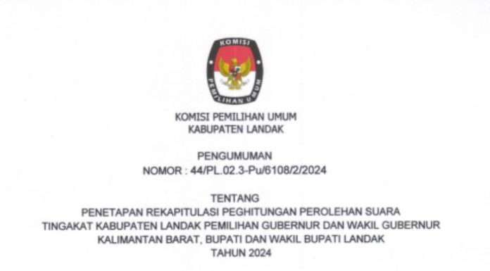 Hasil Rekapitulasi Penghitungan Perolehan Suara Tingkat Kabupaten Landak Pemilihan Gubernur dan Wakil Gubernur Kalimantan Barat, Bupati dan Wakil Bupati Landak Tahun 2024