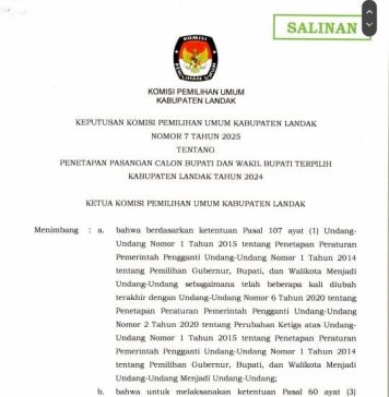 Keputusan KPU Landak Tentang Penetapan Pasangan Calon Bupati dan Wakil Bupati Terpilih Tahun 2024
