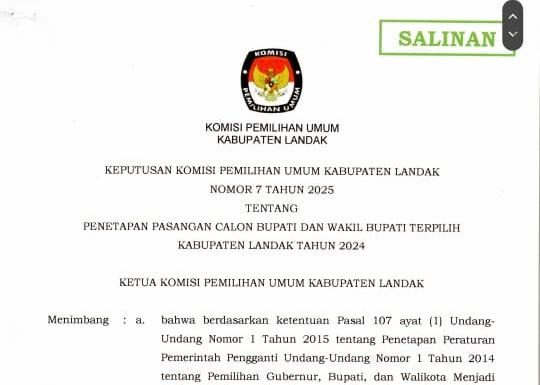 Keputusan KPU Landak Tentang Penetapan Pasangan Calon Bupati dan Wakil Bupati Terpilih Tahun 2024